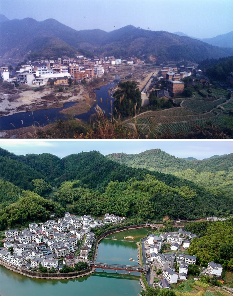 圖為浙江省杭州市淳安縣楓樹嶺鎮(zhèn)下姜村拼版圖，其中上圖為資料照片、下圖由新華社記者張鋮攝。